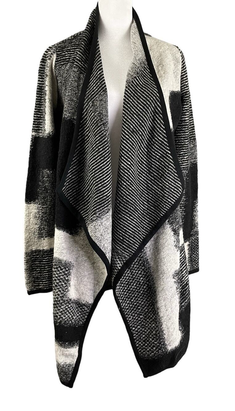 Lucky Brand Women's S Boucle Knit Waterfall Open Cardigan Sweater Black White